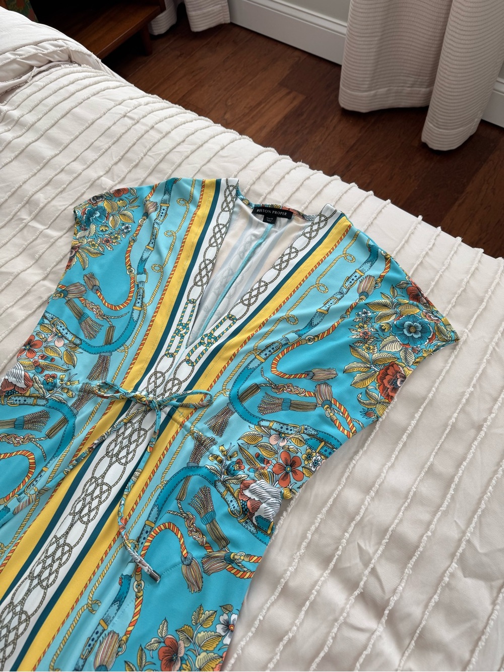 Boston Proper Turquoise Floral-Print Maxi Dress with Yellow & White Stripe